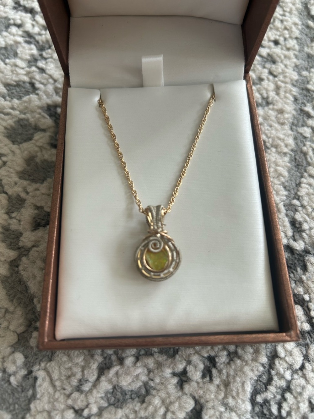 Gold-Tone Wire Wrapped Necklace with Green Stone